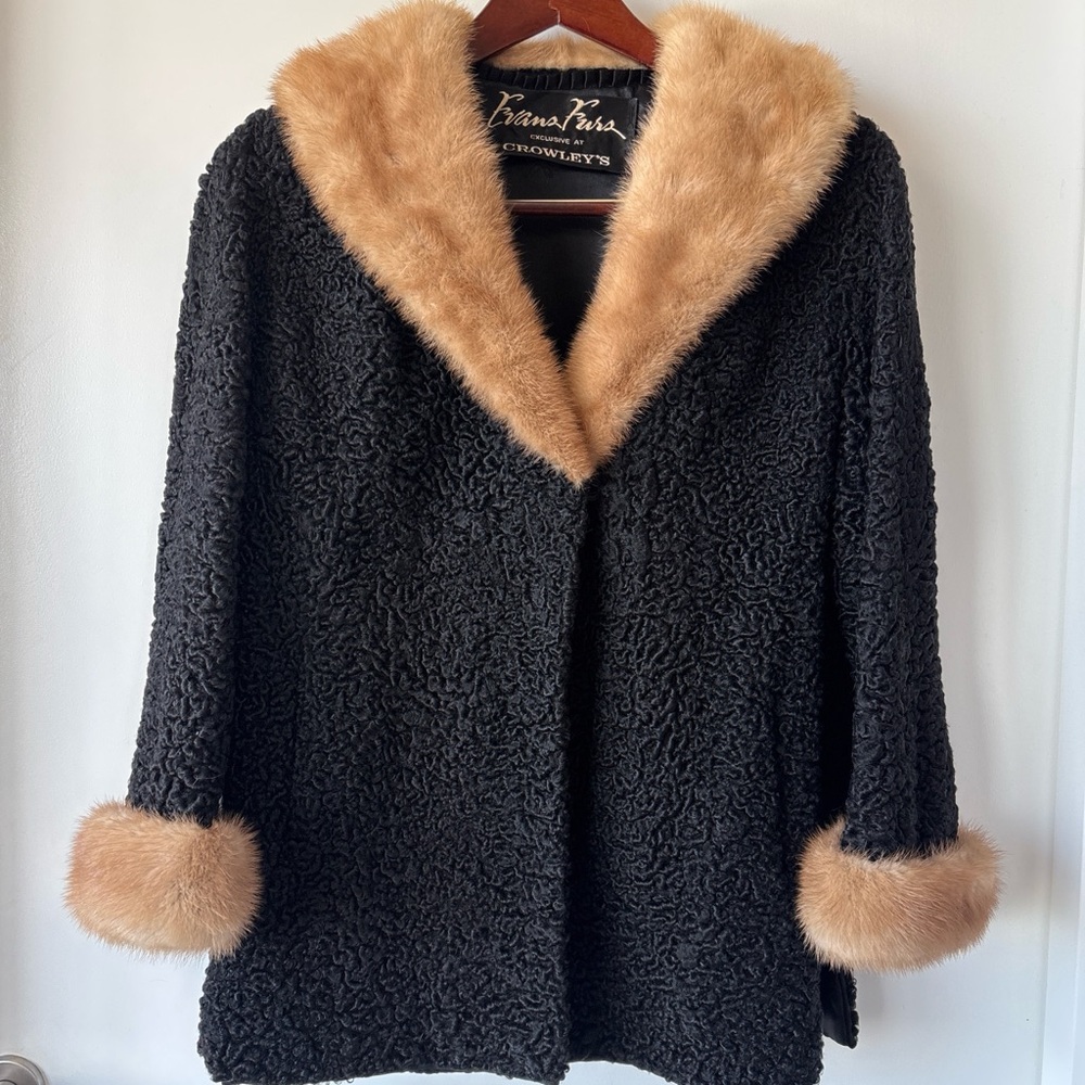 Vintage Black Faux Persian Lamb Coat with Tan Faux Fur Trim